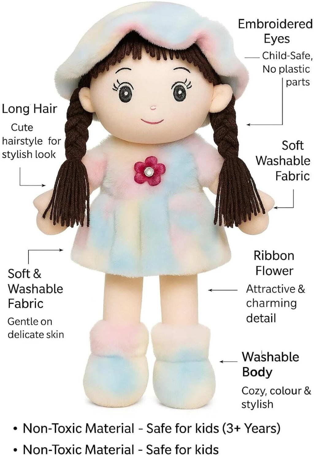 Plushberry Soft Hat Plush Doll | Cute Stuffed Rag Doll With Braided Hair | Birthday Gift