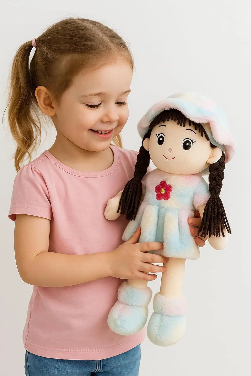Plushberry Soft Hat Plush Doll | Cute Stuffed Rag Doll With Braided Hair | Birthday Gift